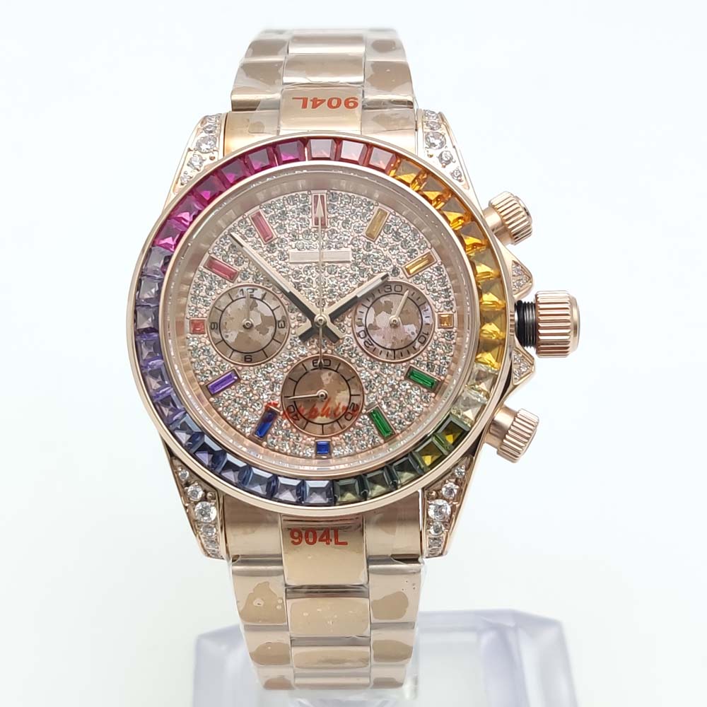 40mm Colorful Diamond Gem Luxu - Chronograph Flyback Watch 评论和价格
