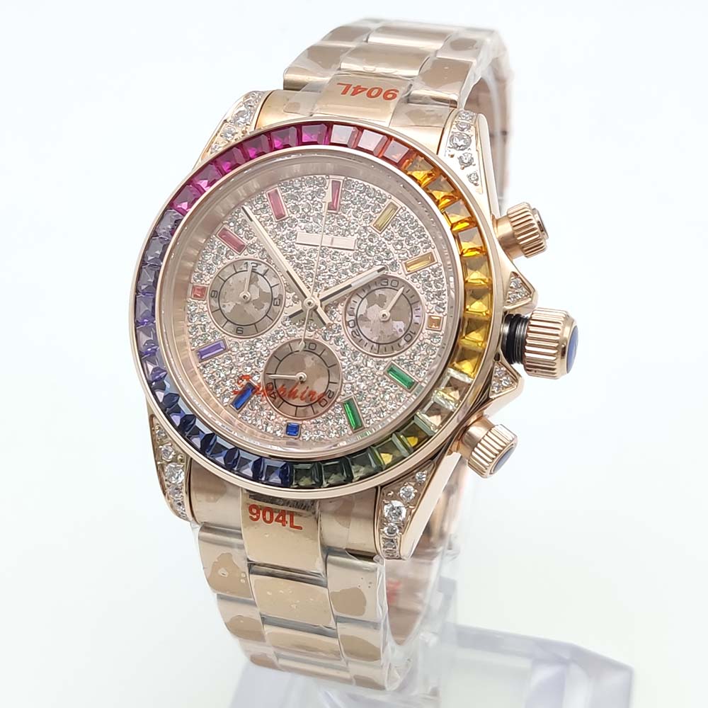40mm Colorful Diamond Gem Luxu - Chronograph Flyback Watch 评论和价格