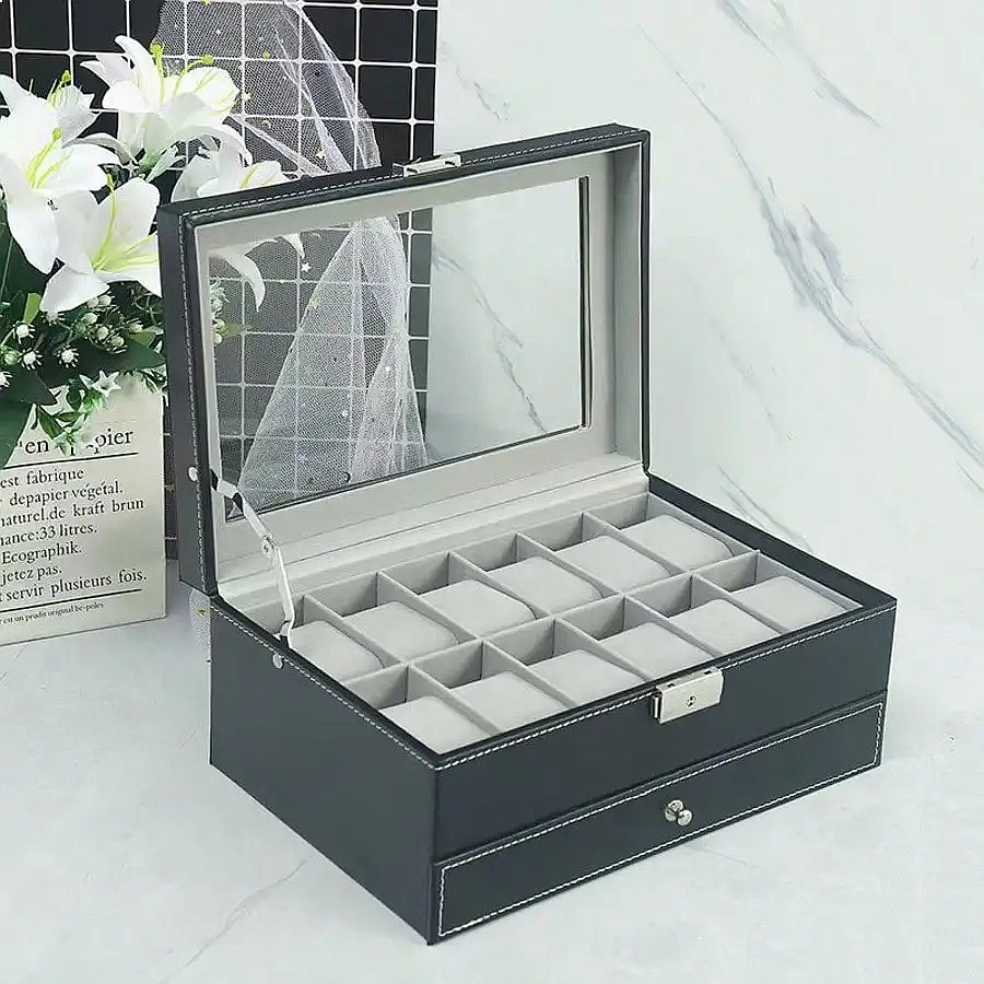 12-Slot Watch Box with Drawer, - Luxury Watch Case 评论和价格